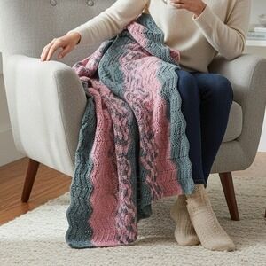 Handmade Crochet Afghan Throw Blanket Pink Grey Chevron Zig Zag Ripple 45x60